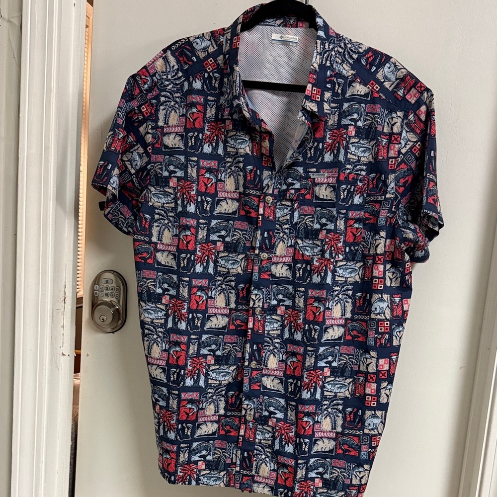Stylish Men's Patterned Button Down Shirt - Navy and Red PFG